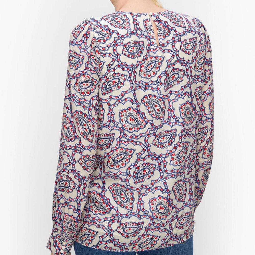 TALBOTS Pintuck Yoke Blouse 1X Paisley White Red Navy Blue Long Sleeve - Picture 3 of 13